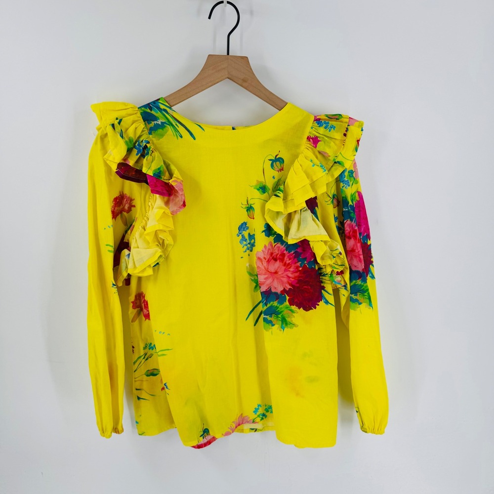 Morley Yellow‎ Floral Ruffle Shoulder Button Back Top Size 16 Cottage Botanical